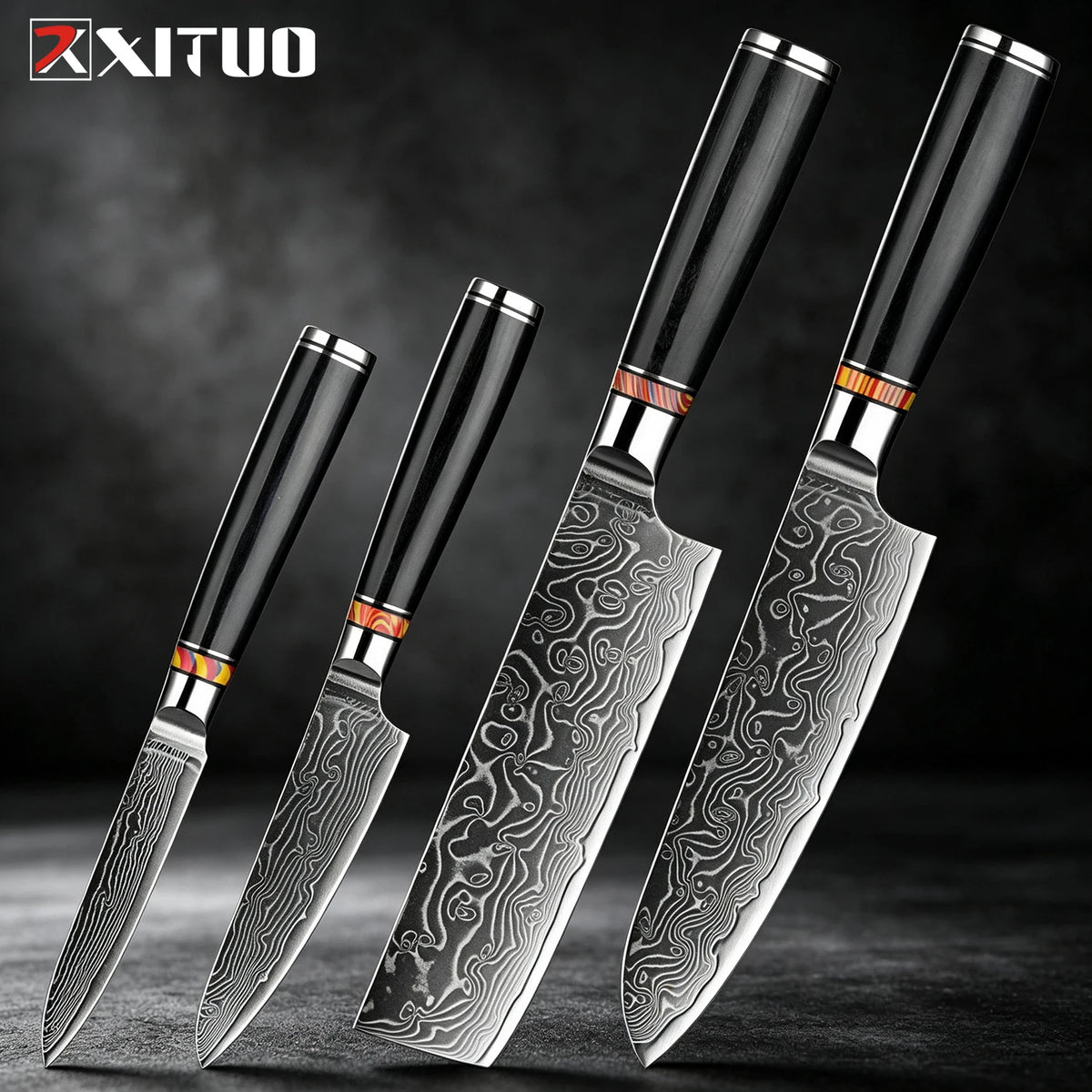 XITUO Damascus Steel Kitchen Knife Set – Santoku & Nakiri Kitchen Knife Set Qst 4PCS Knife