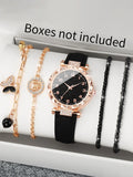 Rose Gold Women's Quartz Watch & Black Bracelet Set | Qme Watch & Bracelet Set Qme black