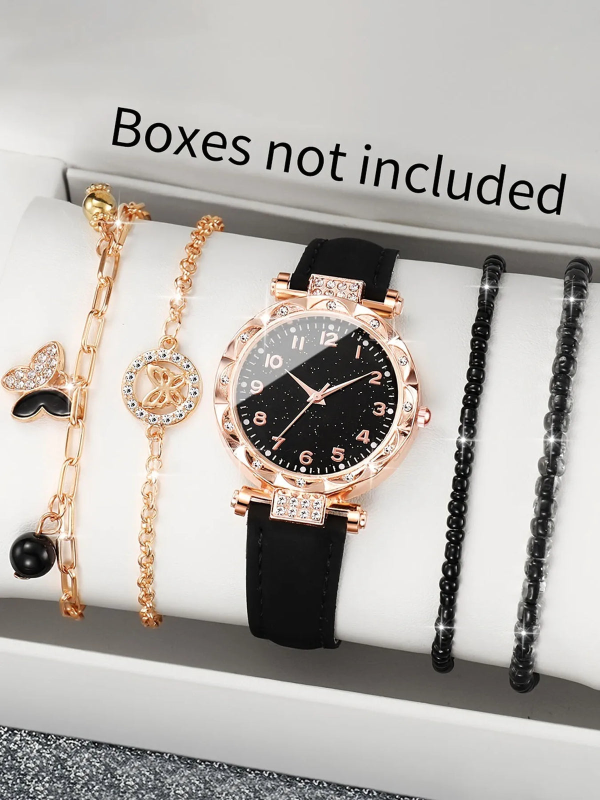 Rose Gold Women's Quartz Watch & Black Bracelet Set | Qme Watch & Bracelet Set Qme black