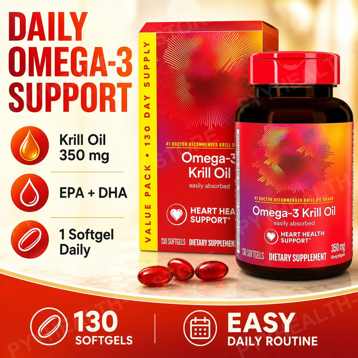 Omega-3 Krill Oil 350mg 130 Softgels – EPA DHA Astaxanthin Omega-3 Supplement Qst