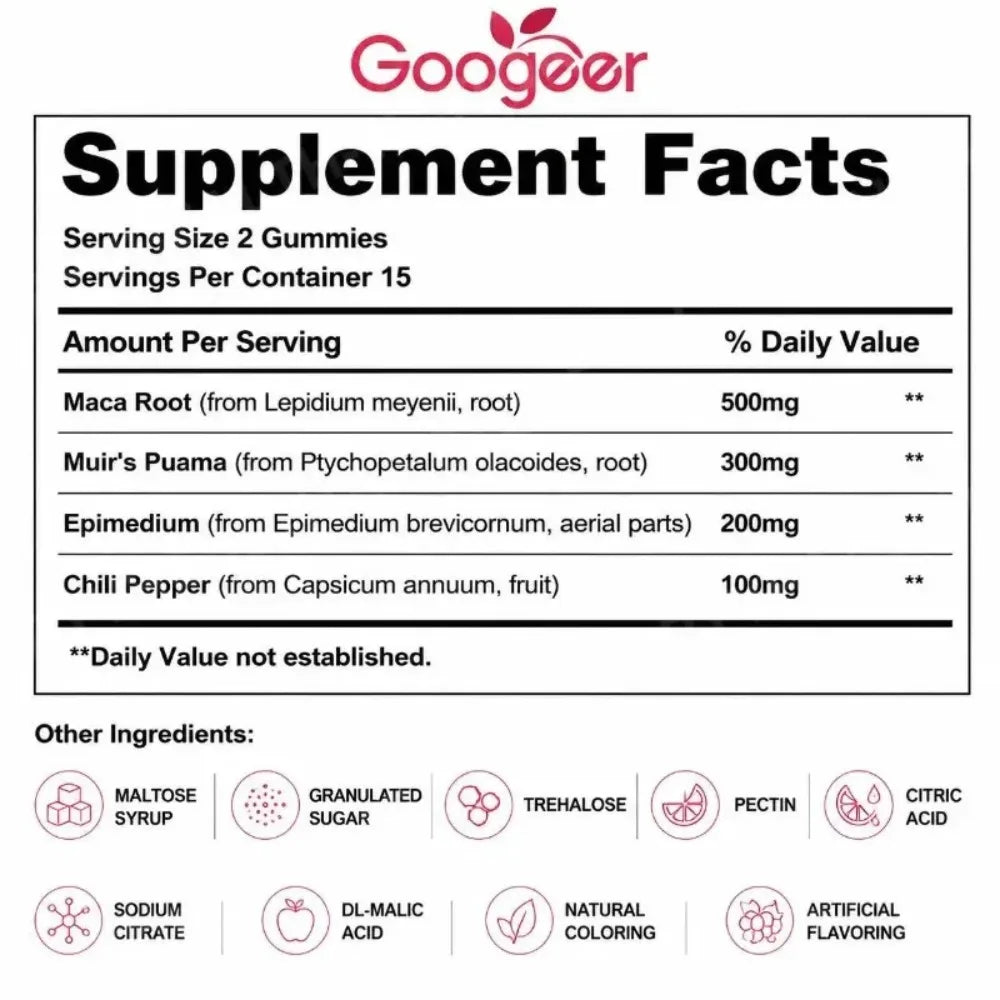 Maca Root Gummies – Muira Puama, Epimedium & Chili Pepper, 30ct Herbal Wellness Gummies Qst
