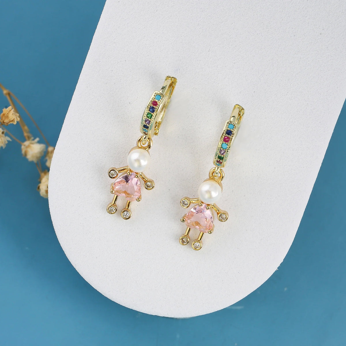 Crystal Zirconia Doll Character Drop Earrings | 6 Colors Character Drop Earrings Qme Pink