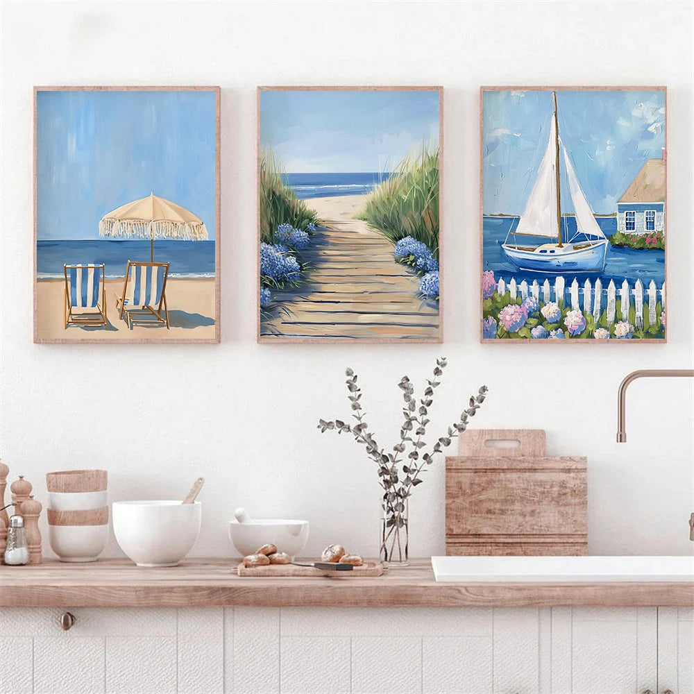 Vintage Coastal Beach Canvas Wall Art – Sailboat & Seashell Canvas Wall Art Qst