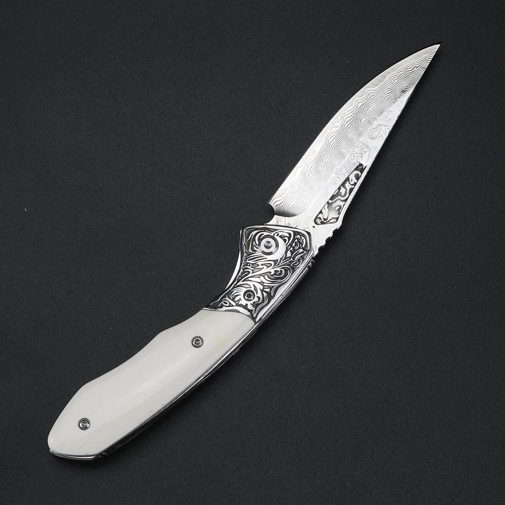 XUANFENG Damascus VG10 Folding Knife – Bull Bone Handle EDC Folding Pocket Knife Qst