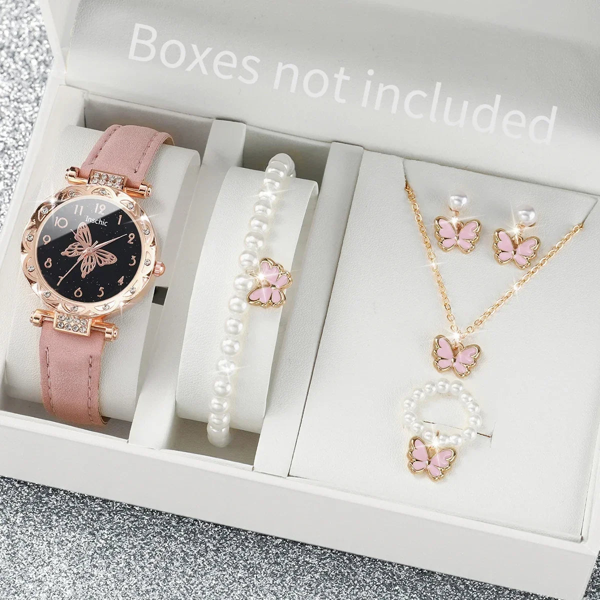 Women's Rhinestone Butterfly Dial Leather Bracelet Quartz Watch Women's Fashion Watch Qme Pink