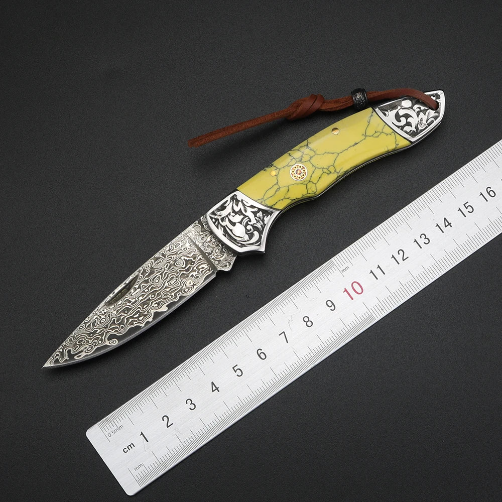 XUANFENG Damascus Folding Pocket Knife – Yellow Handle Folding Pocket Knife Qst