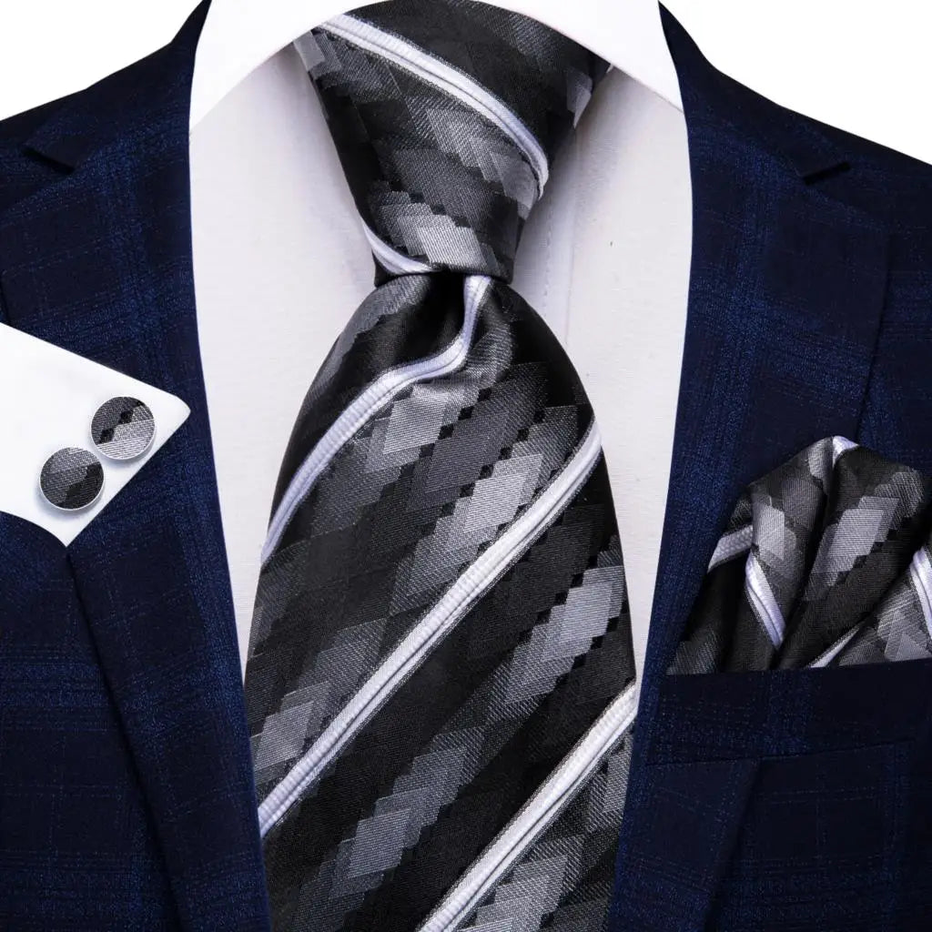 Hi-Tie 100% Silk Black Gold Jacquard Wedding Necktie Set Silk Necktie Set Qme SN-3890