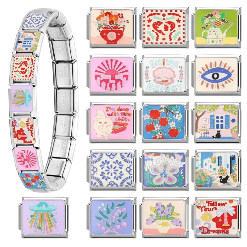 Y2K Colorful Glaze Cat Italian Charm Link Bracelet Charm Link Bracelet Qme