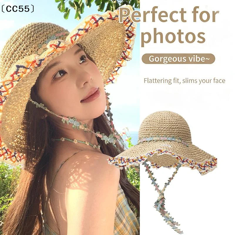 Women's Wide-Brim Raffia Straw Sun Hat – Beach & Outdoor Straw Sun Hat Qst