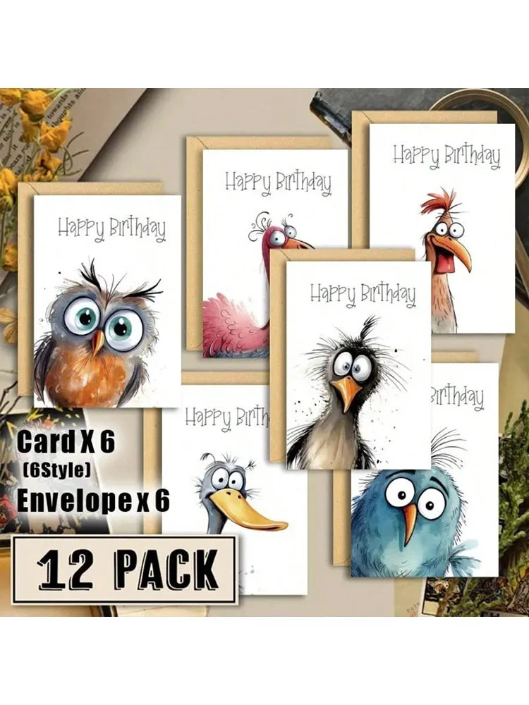 Funny Watercolor Bird Greeting Cards Set – 6 Cards & Envelopes Greeting Cards Set Qme