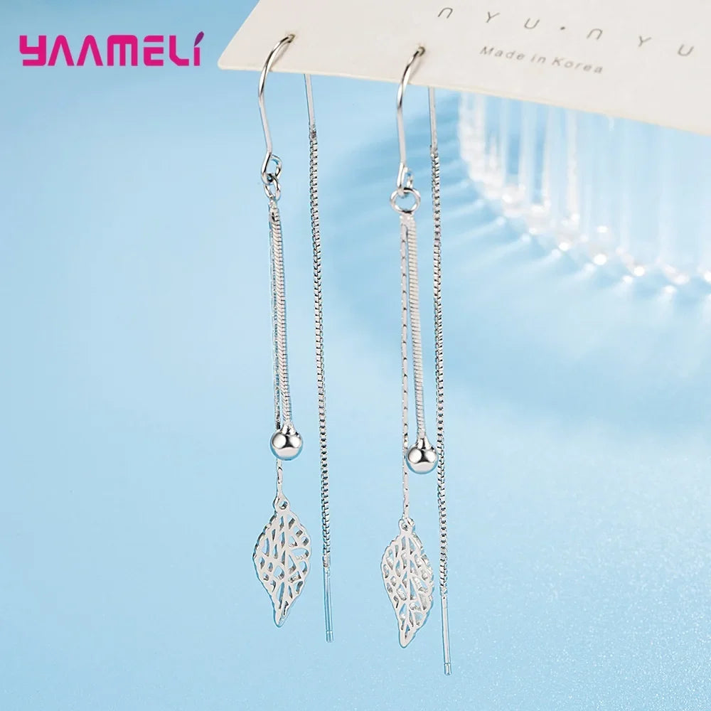 925 Sterling Silver Leaf Tassel Long Drop Earrings – 85mm Drop Earrings Qme