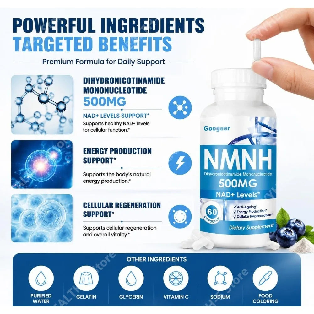 Googeer NMNH 500mg Capsules – NAD+ & Energy Support, 60ct NAD+ Supplement Qst