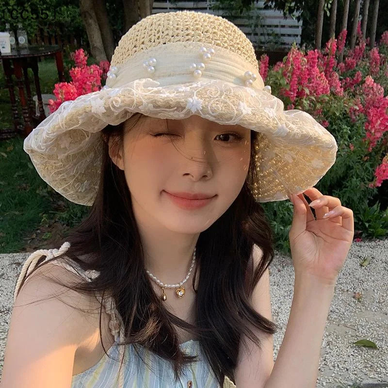 Lace Bow Foldable Straw Sun Hat – Women's Wide Brim Beach Hat Women's Straw Hat Qst