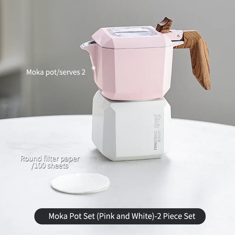 Bincoo Dual Valve Moka Pot Set with Hand Grinder & Filters Moka Pot Coffee Set Qst Pink White