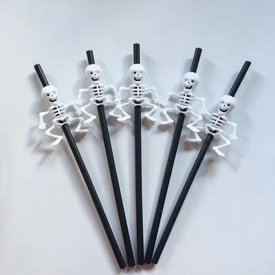 Halloween Skull & Pumpkin Cartoon Drinking Straws – 5 Pack Halloween Party Straws Qme black and white