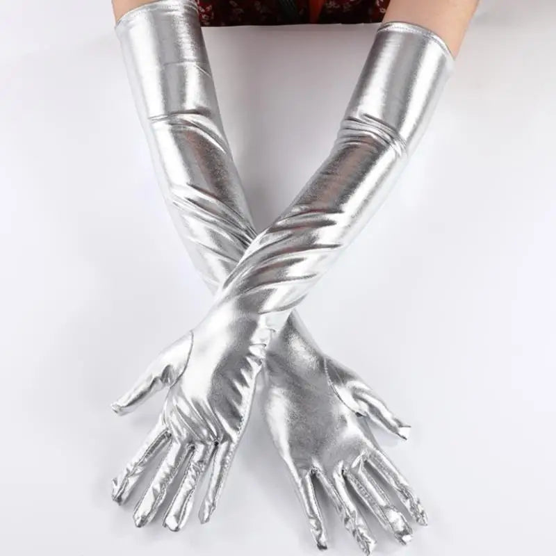 Metallic PU Leather Long Gloves – Punk Cosplay Dance Accessory Costume Gloves Qst long Silver