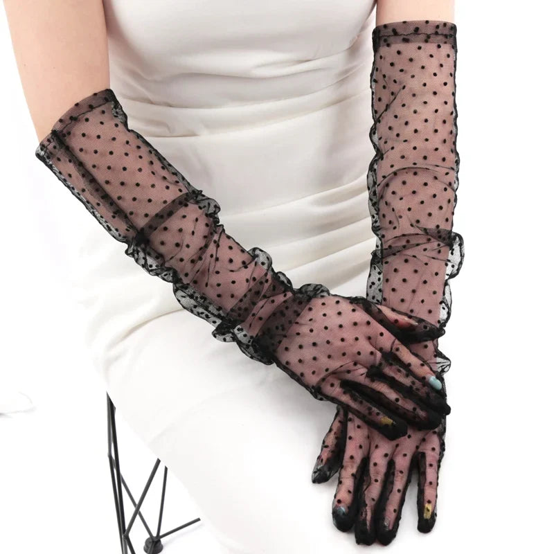 Women's Lace Fishnet Gloves – Gauze Wavy Dot Fashion Mittens Lace Fashion Gloves Qme