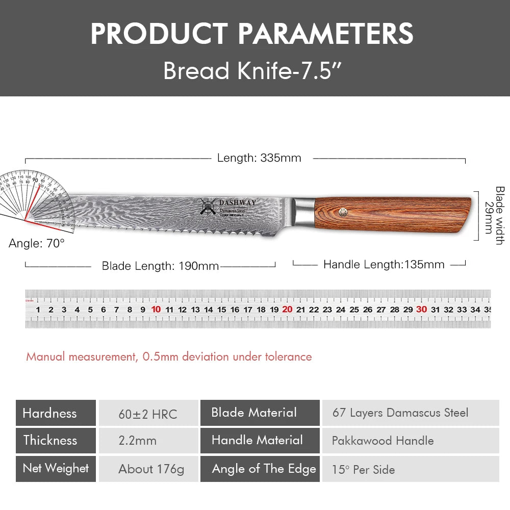 DASHWAY 7.5" Damascus Serrated Bread Knife – Pakkawood Handle Damascus Bread Knife Qst