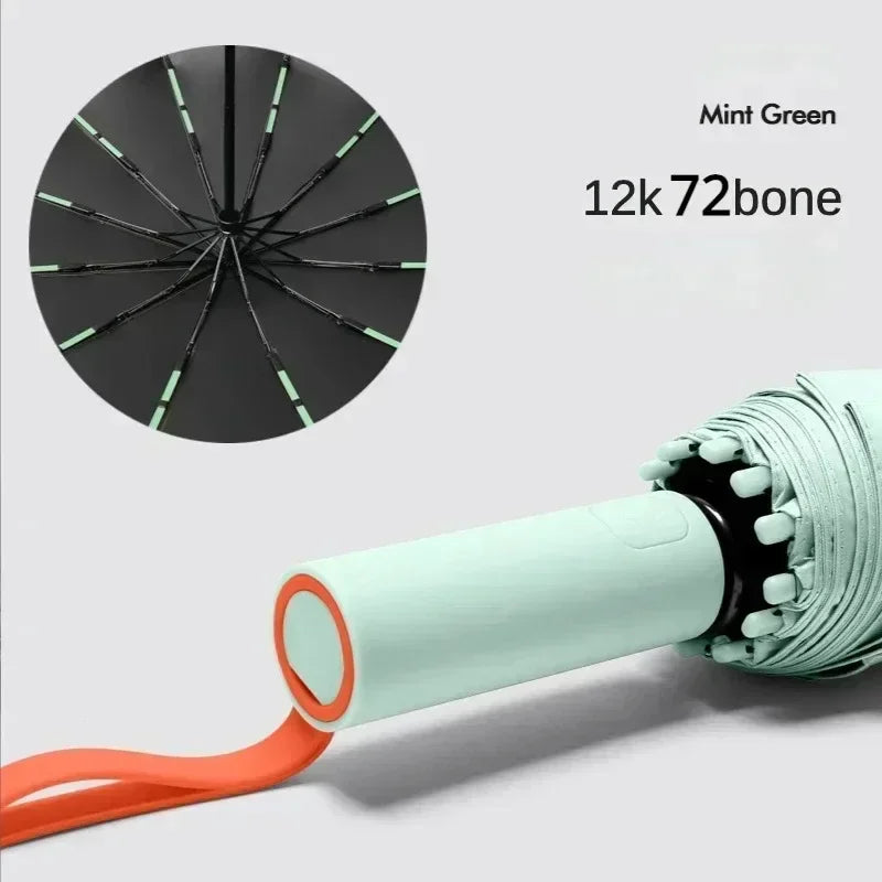 Windproof Auto Folding Umbrella – 72-Bone UV Protection Folding Umbrella Qst Green 12K Iron