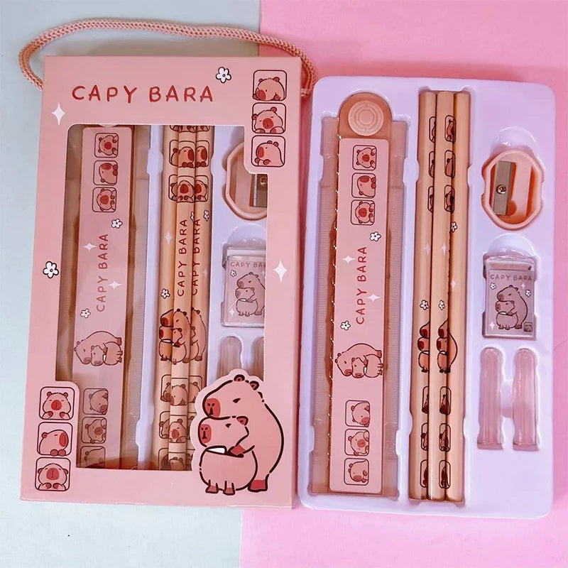 Capybara Cartoon Stationery Set – Pencil, Ruler, Eraser & Sharpener Kids Stationery Set Qme