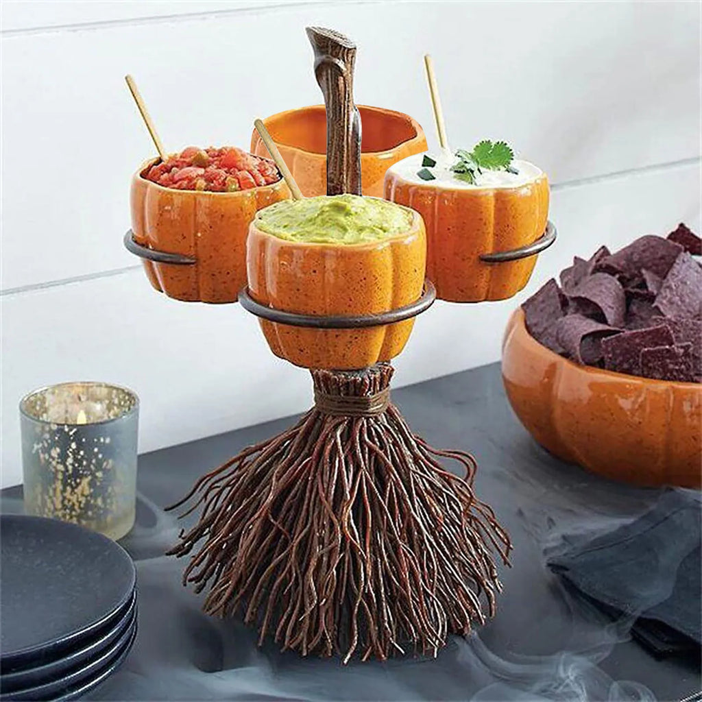 Halloween Wooden Snack Bowl Stand | 4-Bowl Rattan Basket Snack Serving Stand Qme