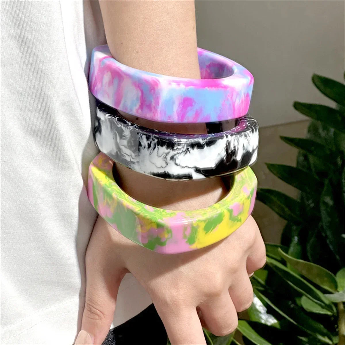 Colorful Geometric Wide Acrylic Bracelet – Bold Statement Jewelry Statement Bracelet Qme