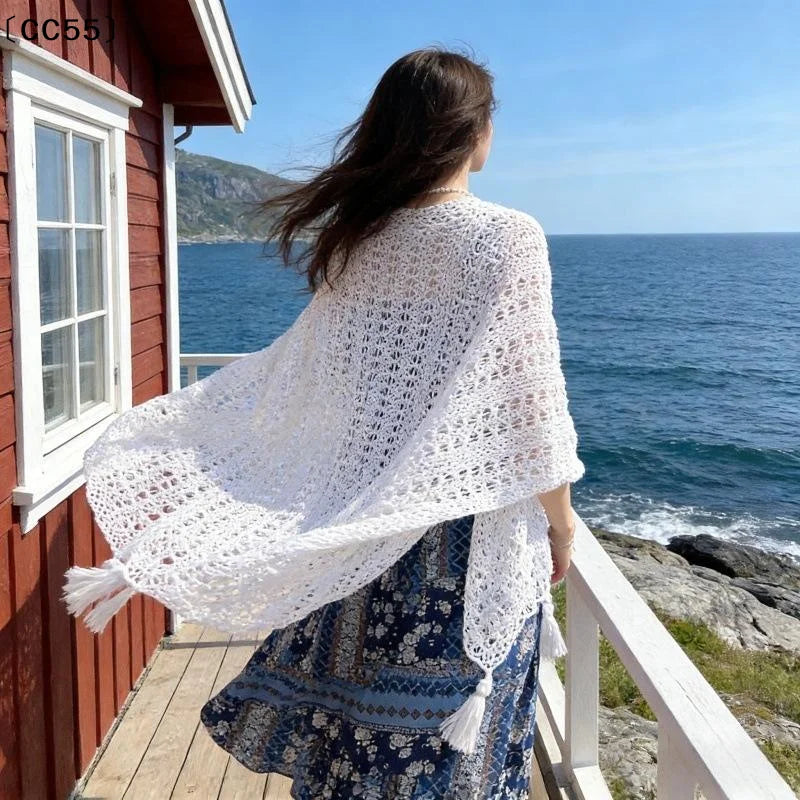 Women's Boho Crochet Lace Beach Cover-Up with Tassels Beach Cover-Up Qst