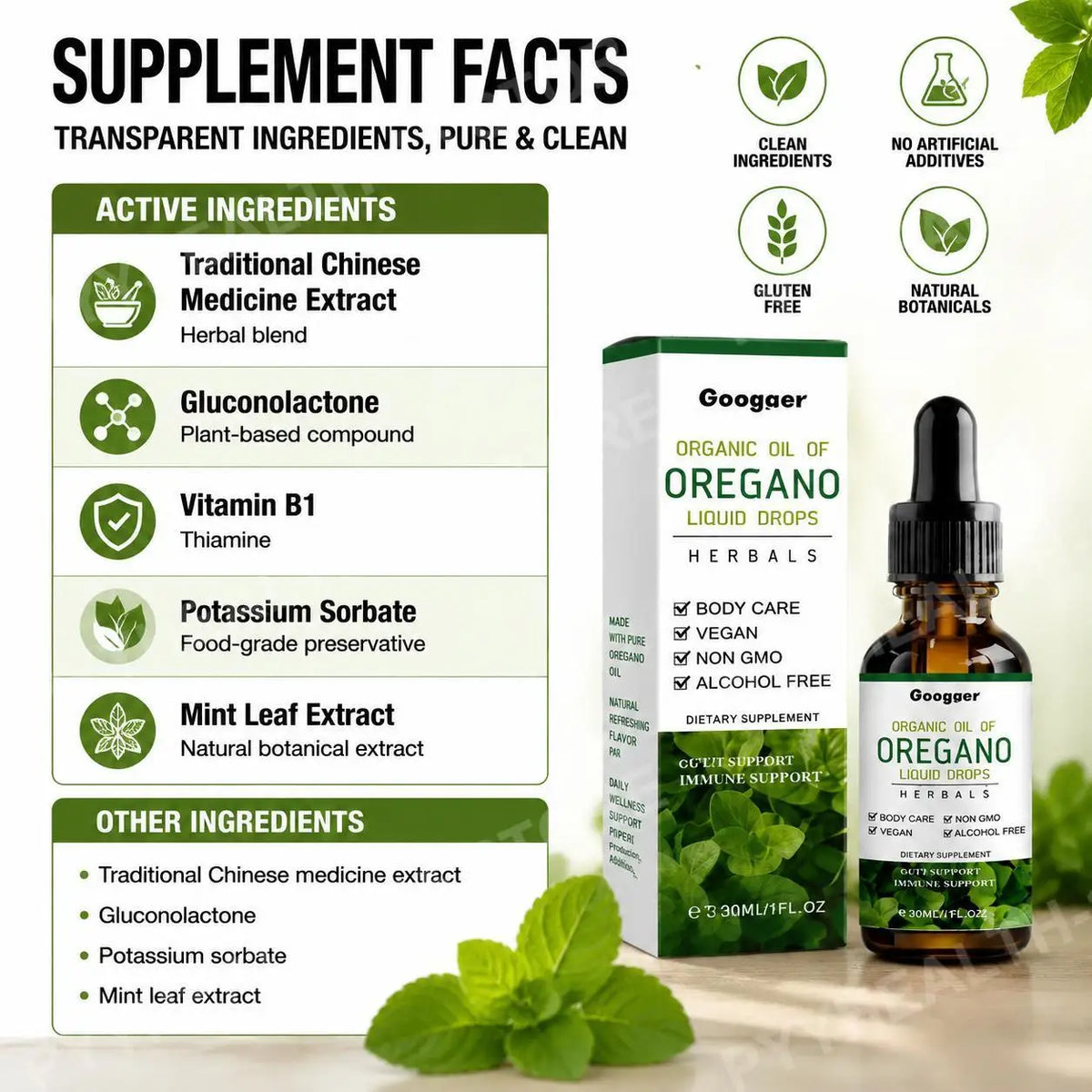 Googeer Gut Support Liquid Drops – Vitamin B1 & Mint, Non-GMO 30ml Gut Support Supplement Qst