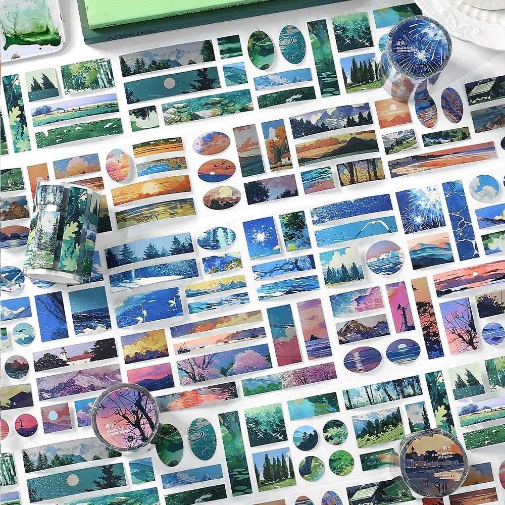 6-Roll Landscape Washi Tape Set – Mountains & Seas DIY Journal Decorative Washi Tape Qme
