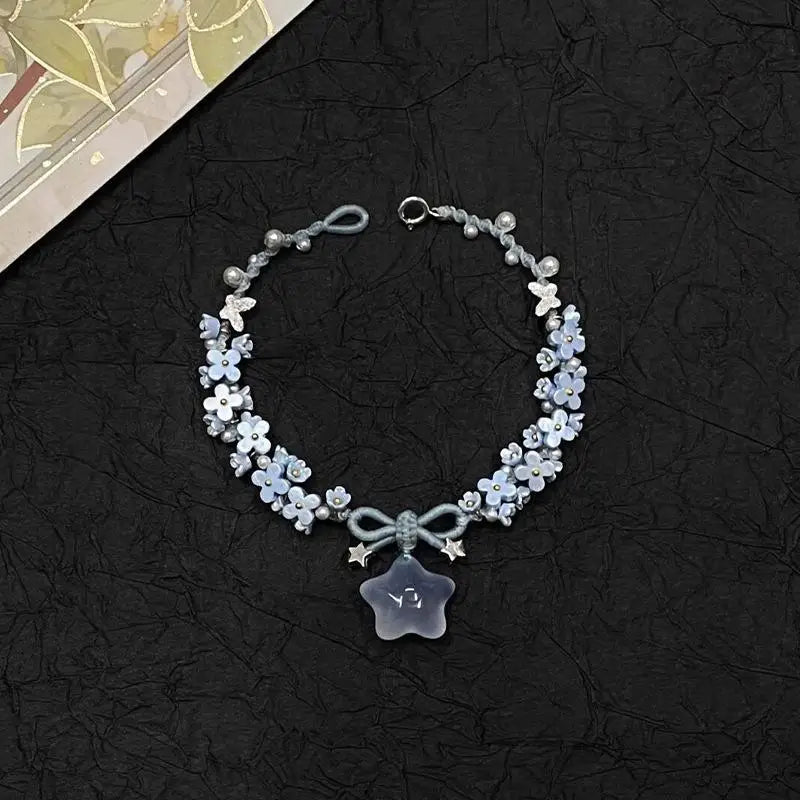 Blue Flower Braided Bracelet – Star Butterfly & Faux Pearl Braided Charm Bracelet Qme
