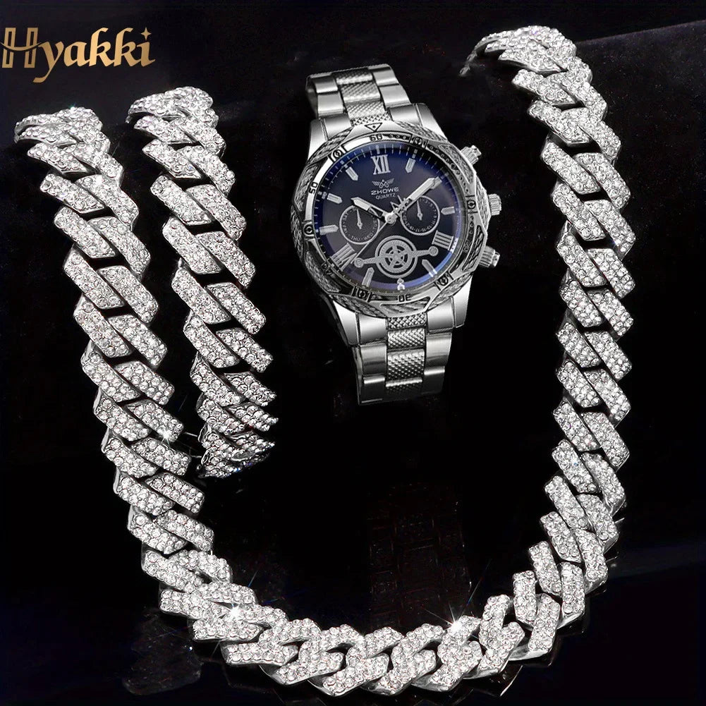 Men's Quartz Watch & Iced Cuban Chain Necklace 3-Piece Set Men's Jewelry Set Qme Coffee