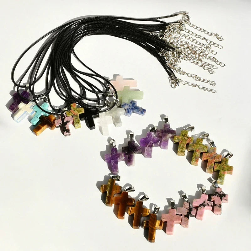 Natural Stone Cross Pendant Necklace | Punk Rock Y2K Style Stone Cross Necklace Qme