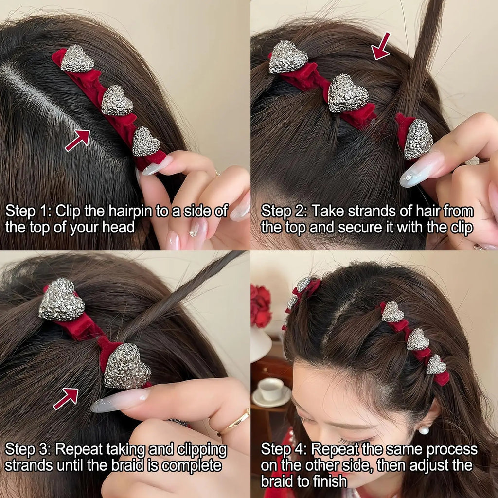Heart-Shaped Crystal Stone Retro Braid Hair Clips Set of 6 Hair Barrette Set Qme