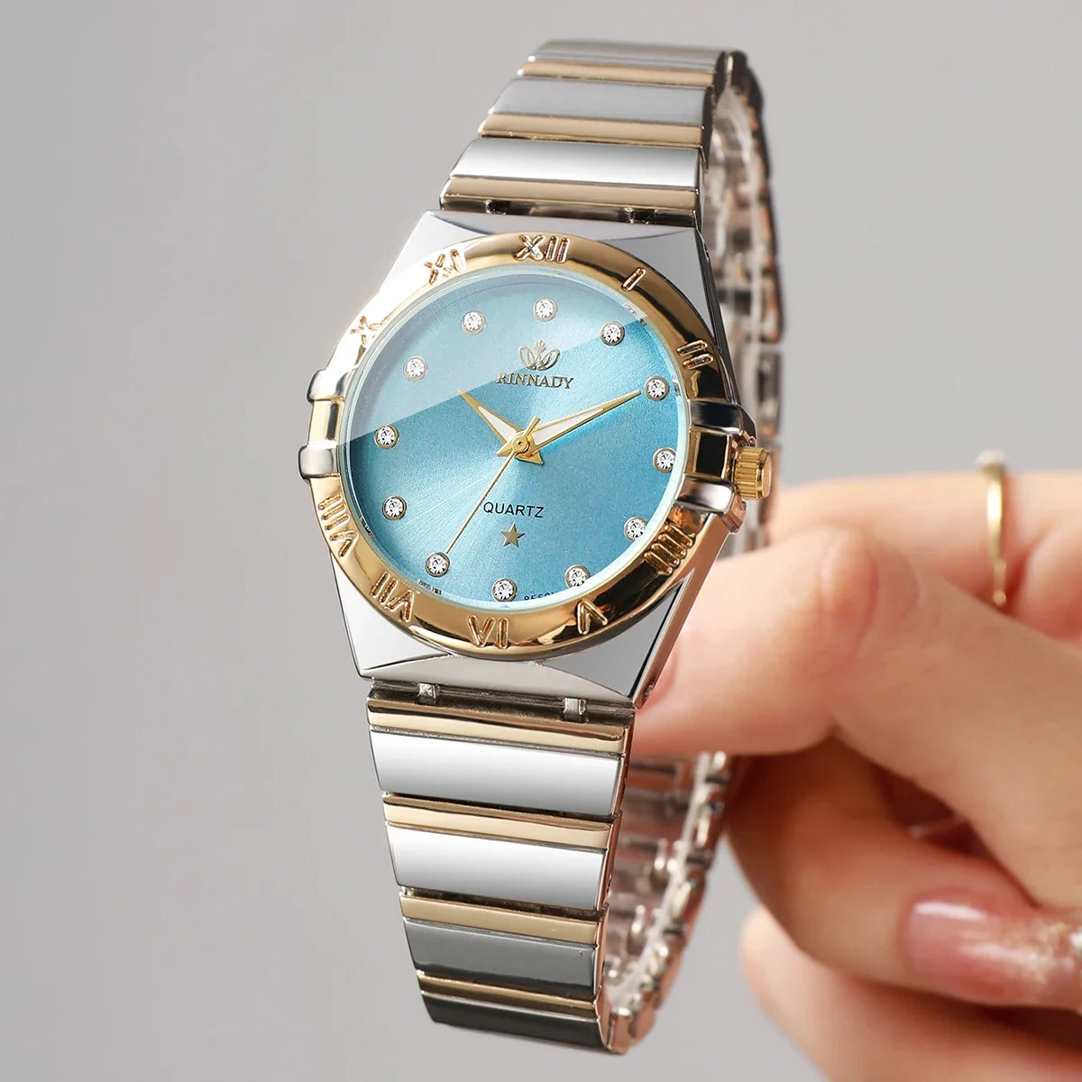 Women's Two-Tone Rhinestone Quartz Watch – Blue Dial Fashion Quartz Watch Qme
