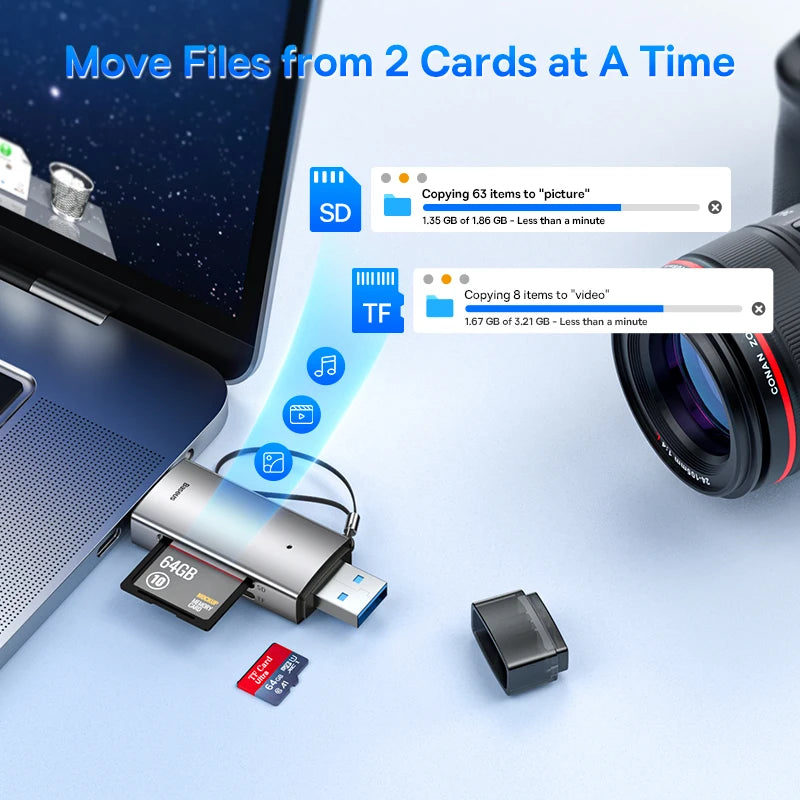 Baseus USB-C & USB 3.0 SD Card Reader – 104MB/s, 2TB Memory Card Reader Qst