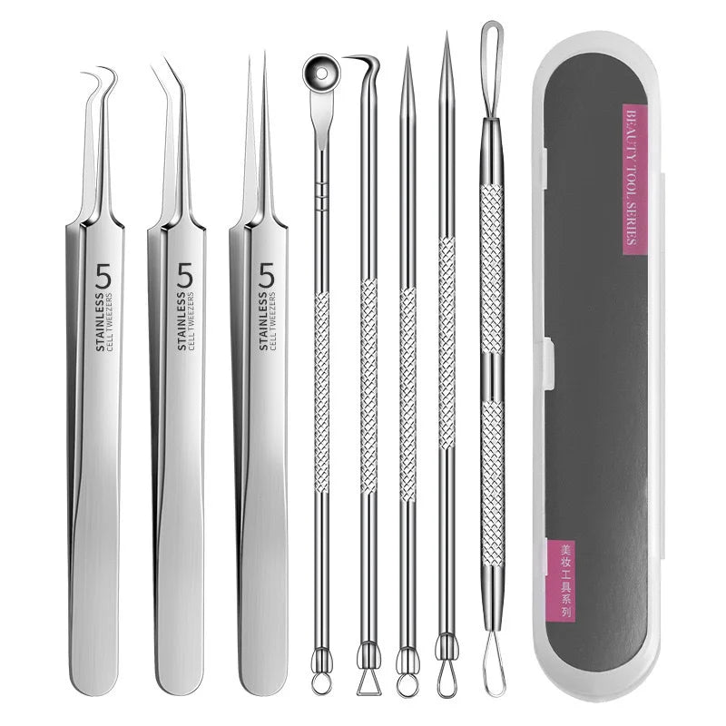 Precision Stainless Steel Blackhead & Pore Cleansing Tweezers Facial Skincare Tool Qme 8pcs set with box