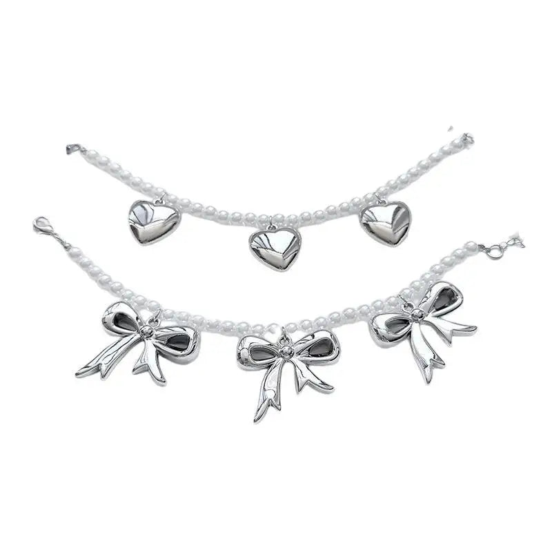 Heart Bow Charm Anklet – Pearl Beaded Trouser Chain Charm Anklet Qme