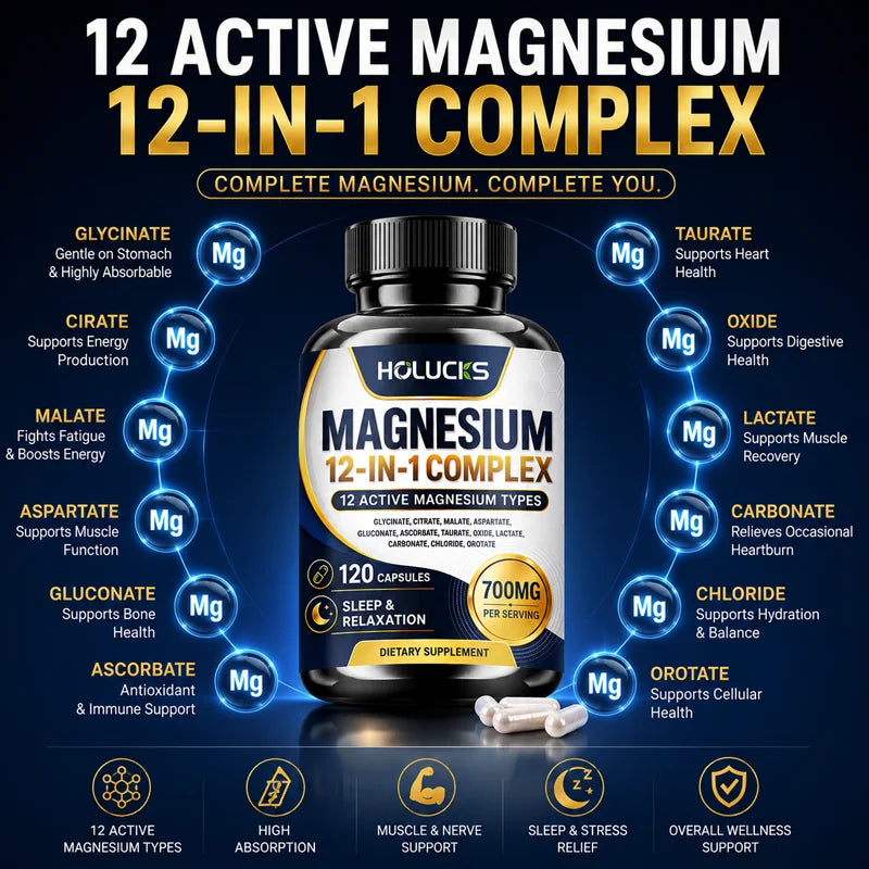 HOLUCKS 12-in-1 Magnesium Complex Capsules | Glycinate Citrate Magnesium Supplement Qst