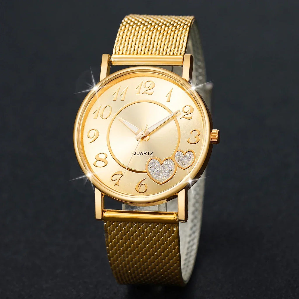 Women's Fashion Steel Belt Watch & Jewelry Set – 6 Pcs Women's Watch Set Qme