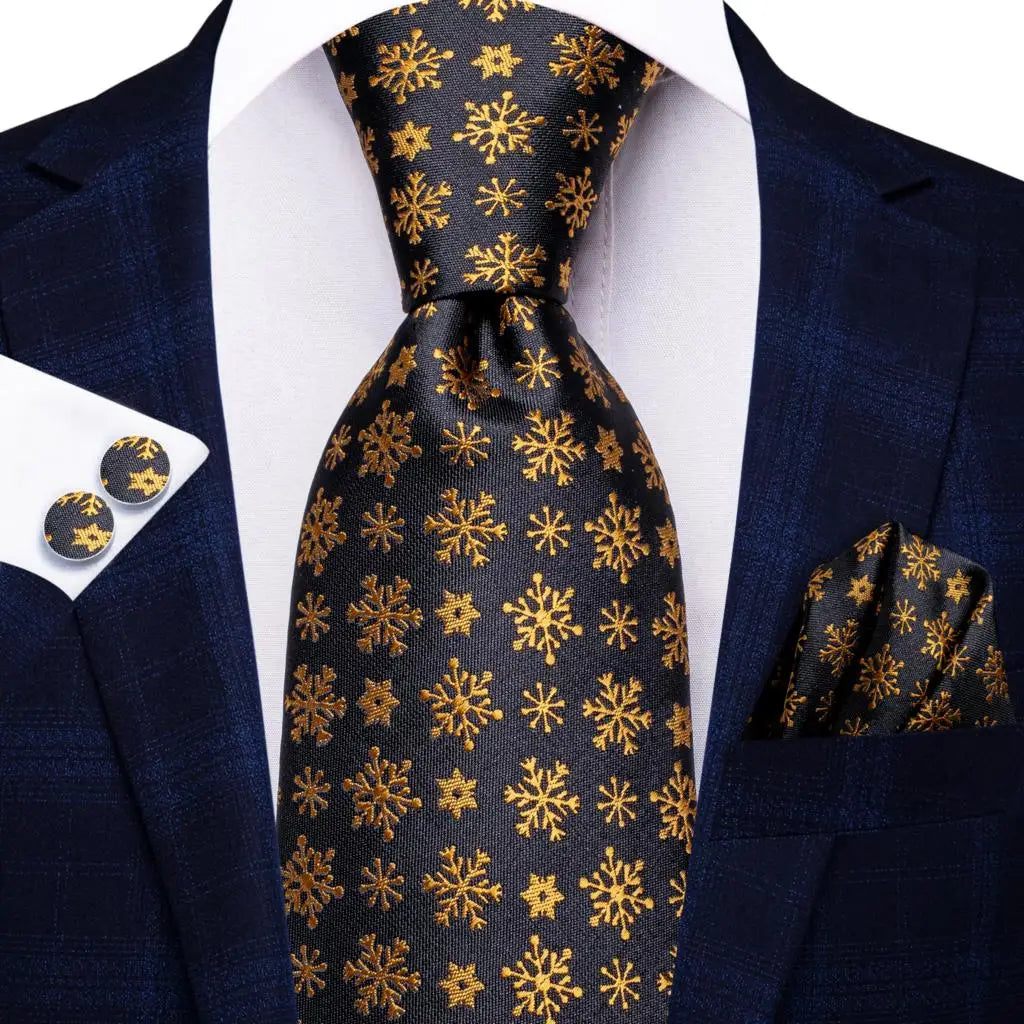 Hi-Tie 100% Silk Black Gold Jacquard Wedding Necktie Set