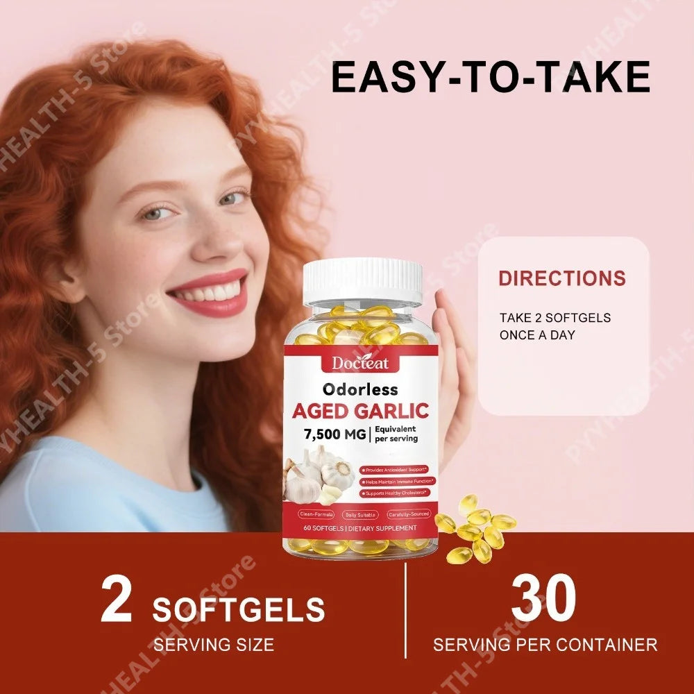 Docteat Odorless Aged Garlic Softgels – Antioxidant, 60ct Garlic Supplement Qst