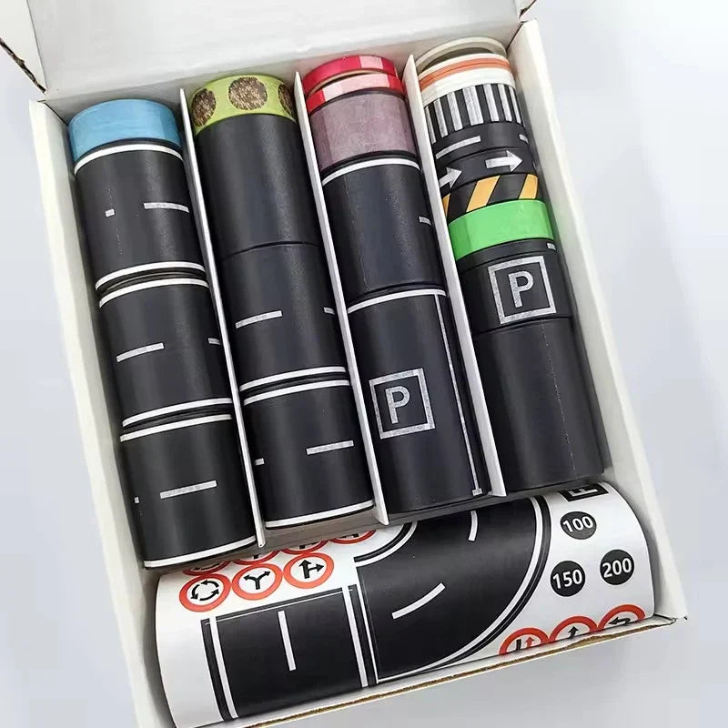 DIY Road & Rail Transit Paper Tape Set – 28 Rolls + 9 Signs DIY Craft Tape Set Qme