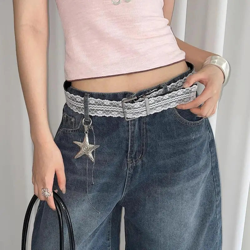 White Floral Lace Waist Belt – Adjustable Women's Waistband Lace Waist Belt Qst