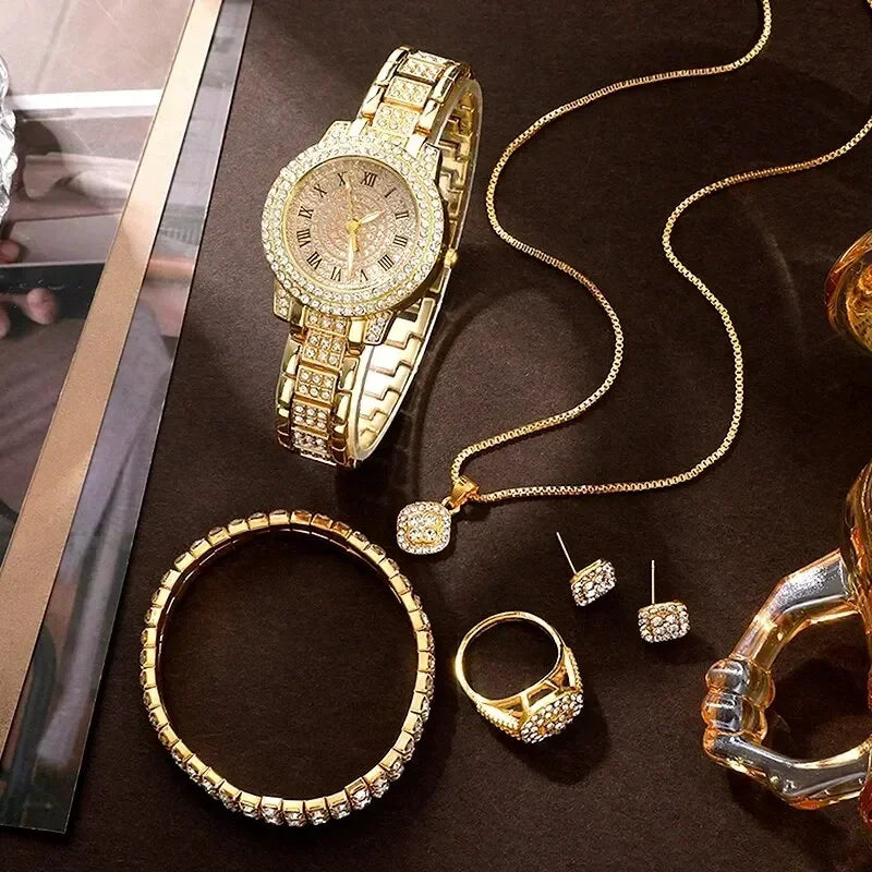 Women's Gold Rhinestone Watch Ring Necklace Earrings Set Jewelry & Watch Set Qme