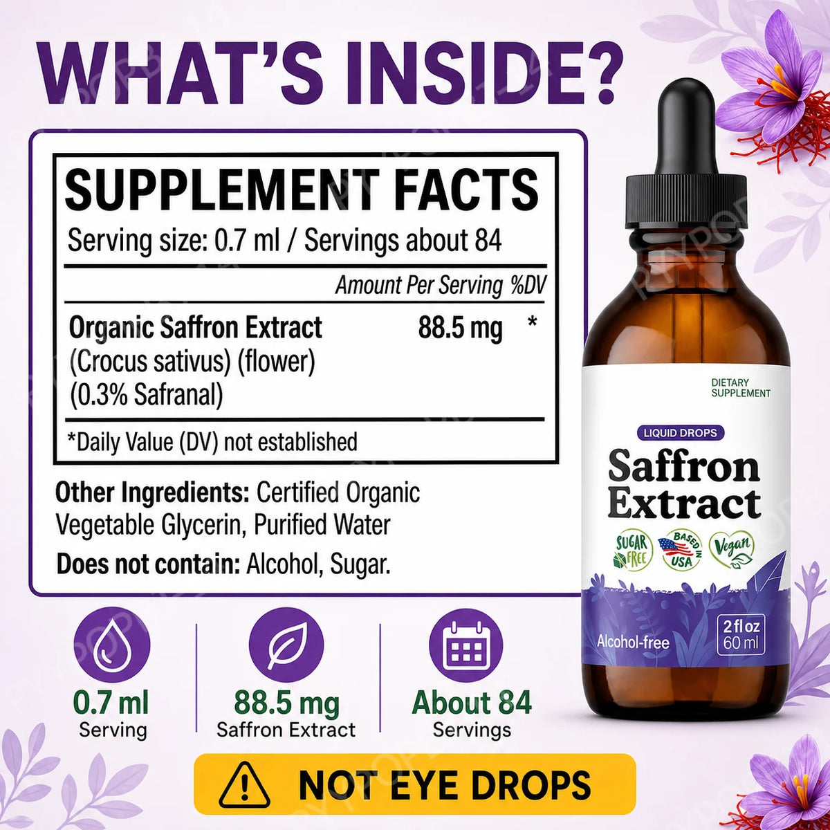 Organic Saffron Liquid Extract Drops – Vegan, Alcohol Free 60ml Herbal Liquid Supplement Qst