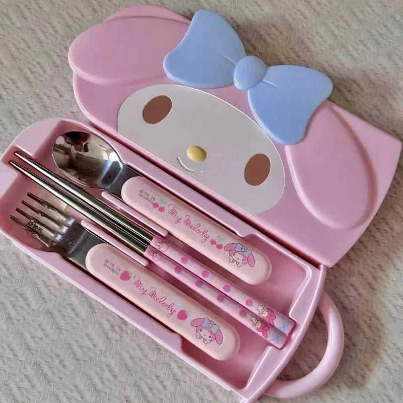Hello Kitty Stainless Steel Tableware Set | Cute Cartoon Gift Cartoon Tableware Set Qme