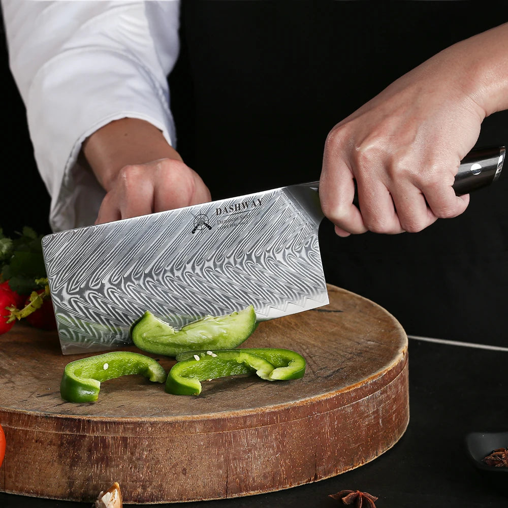 DASHWAY 7" Damascus Steel Cleaver Knife – Ebony Handle Damascus Cleaver Knife Qst
