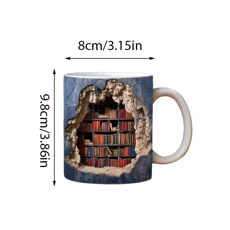 3D Bookshelf Library Mug – Ceramic Coffee Cup Gift for Readers Novelty Ceramic Mug Qst
