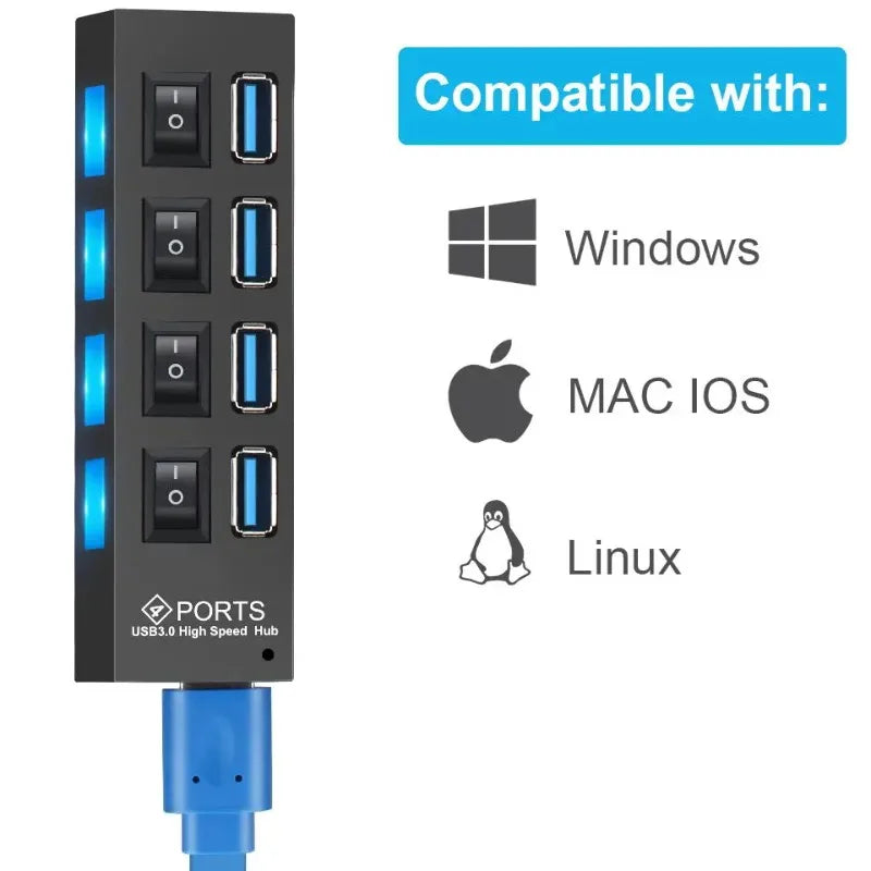 USB 3.0 Hub 5Gbps | 4 & 7 Port Splitter with Power Adapter USB Hub Splitter Qme