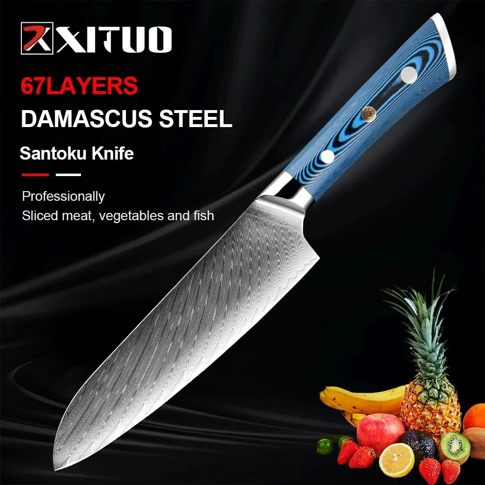XITUO 7" Damascus Santoku Knife – VG10 Steel & Wood Handle Damascus Santoku Knife Qst